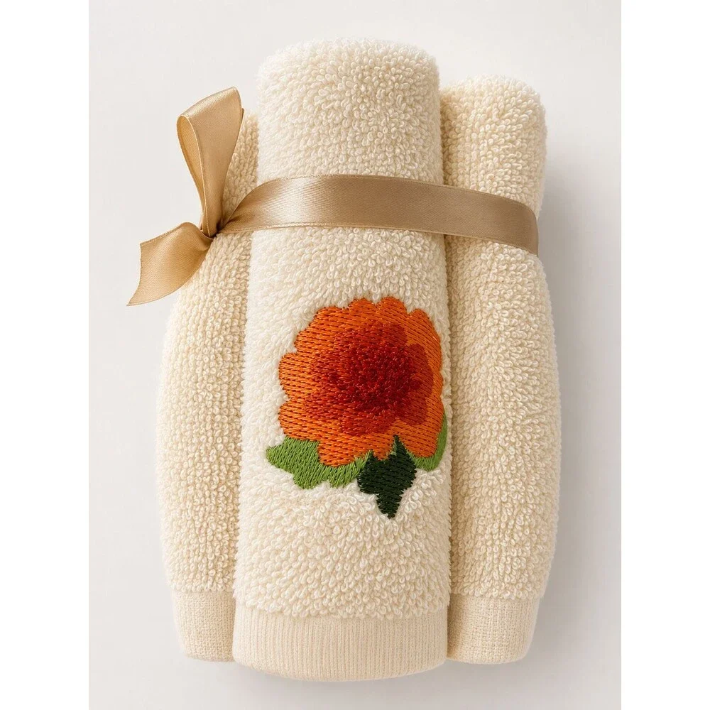 Thanksgiving Floral Washcloths Set of 5 Beige Embroidered Fall Face Cloths